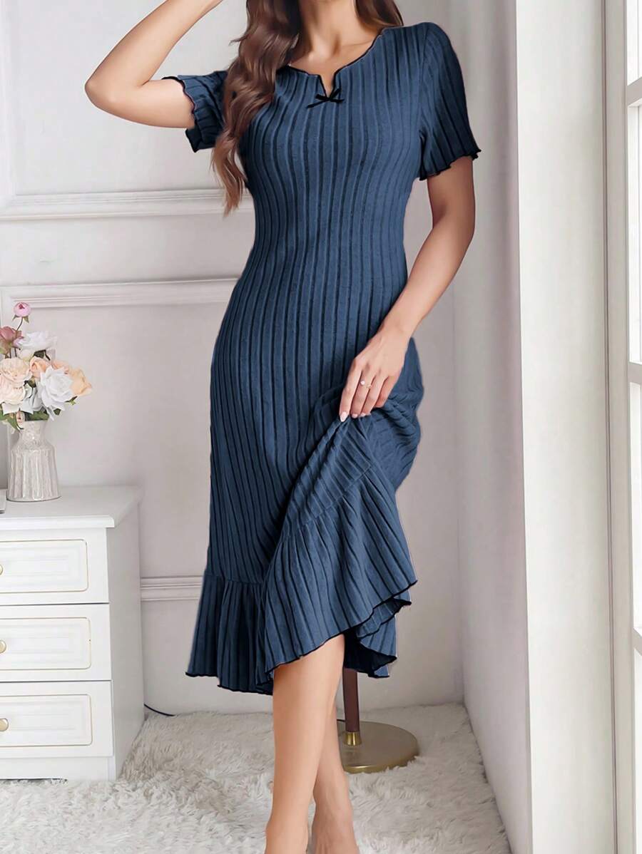 Women's Contrast Trim Bow Accent House Dress Bowknot - Royal Blue - View 1