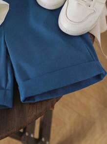 SHEIN 2 件套儿童男孩绿色 Abaya Kaftan Jalabiya 束腰外衣中东风格套装，斋月开斋节国庆节服装，立领衬衫，背部有拼布和绿色短裤，适合度假和海滩 - 藍色 - 查看 5