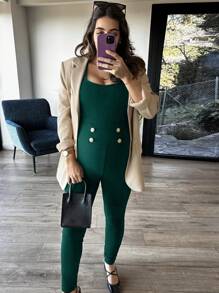 Pantalones con cintura alta y detalle de botones con alta elasticidad, pantalones de maternidad - Verde Oscuro - Ver 8