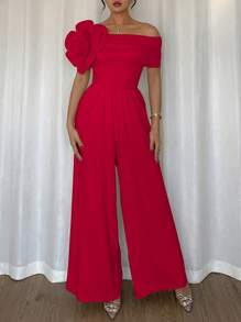 Rafferiza Elegant Sexy 3D Flower Design Off Shoulder Wide Leg Jumpsuit For Women - Red - View 3