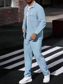 Manfinity CasualCool 2pcs Set Men's Corduroy Long Sleeve Work Shirt Jackpot Sumwon Streetwear - Baby Blue - View 6