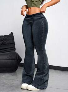 女式纯色简约时尚紧身喇叭裤，适合日常穿着 - 霧霾藍 - 查看 6