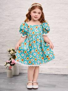 SHEIN Young Girl Ditsy Floral Puff Sleeve Fitted Mini Dress