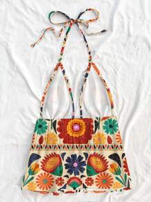 Soleia Women's Colorful Geometric Print Crisscross Back Beach Halter Tank Top, Casual Holiday Vibe, Suitable For Summer