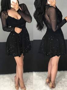 Women's Black Sexy Lace Knitted Long Sleeve Cocktail Dress - Black - View 1