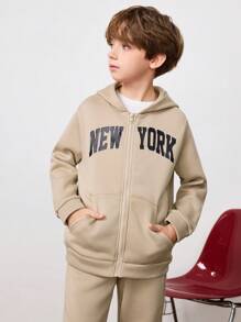 SHEIN Leap Crew Tween Boy Letter Graphic Zip Up Thermal Lined Hoodie & Sweatpants Without Tee - Apricot - View 1