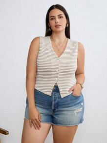 SHEIN Tall CURVE Plus Women's Summer Button-Front Sleeveless Striped Tank Top, Casual Everyday Wear,French Textured Knit Striped Top - Apricot - View 5