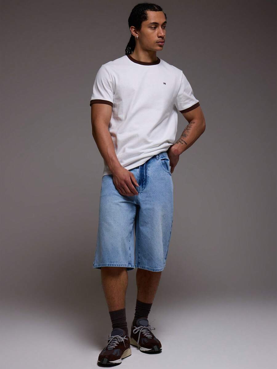 Pantalones cortos vaqueros de mezclilla lavada de corte largo para hombres, Y2K para primavera y verano - Azul - Ver 1
