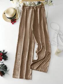 SHEIN Clasi Women's Solid Color Metallic Pleated Loose Wide Leg Pants - Bronze - View 2