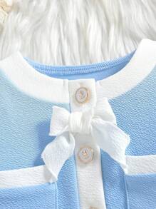 2pcs Baby Girls' Elegant Blue And White Contrast Puff Sleeve Blouse Top With Bow&Flared Pants Set,Autumn Mother Daughter Matching Outfit For Spring - Multicolor - View 3