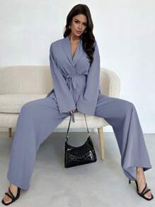 Firerie Casual Elegant Women Summer/Autumn Shacket With Lapel, Waist Tie, Loose, And High Waist Relaxed Pants, Suitable For Vacation, Commuting, Office