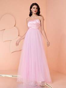 SHEIN Belle Women's Solid Color High Waist Mesh Dress,Elegant Formal Gown For Wedding Guest,Banquet,Prom,Birthday Party & Evening Events - Pink - View 5