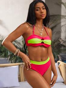 SHEIN Swim 2pcs Women Sexy Multi-Color Ruched Bandeau Bikini Set For Summer Beach Vacation - Multicolor - View 7