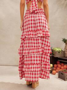 WESTFADE Western Country Spring Floral Embroidered Gingham Smocked High Waist Ruffle Tiered Skirt With Slit Summer Beach Vacation - Red - View 2