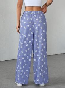 SHEIN PETITE 女士字母贴花、雏菊花卉格子图案休闲阔腿裤 - 藍色 - 查看 2