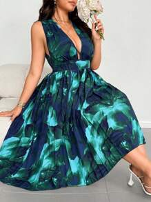 Flirla Vestido de mujer talla grande con escote en V profundo, cuello halter, espalda descubierta, plisado y personalizado, para vacaciones o fiesta, sexy - Azul - Ver 1