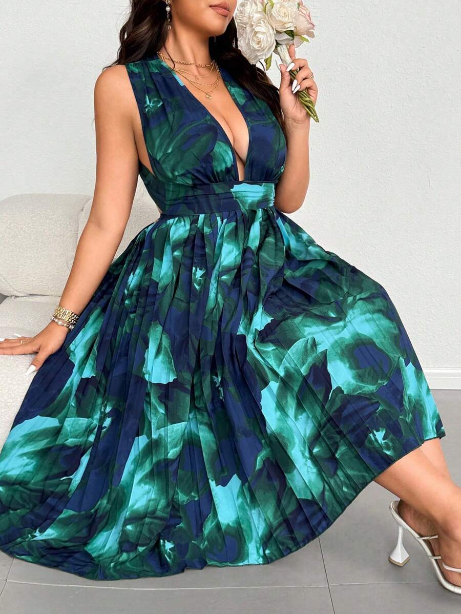 Flirla Vestido de mujer talla grande con escote en V profundo, cuello halter, espalda descubierta, plisado y personalizado, para vacaciones o fiesta, sexy - Azul - Ver 1