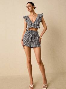 Poéselle Gingham Ruffle Trim Tie Back Top & Paperbag Waist Belted Shorts Set - Black and White - View 6