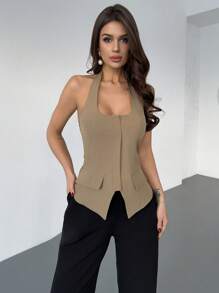 Firerie Women's Elegant Simple New Office/Casual Cowl Neck Slim Khaki Shirt