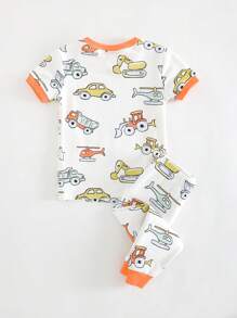 Cozy Pixies Baby Boy 2pcs Snug Fit Pajama Set - Cartoon Car Print Soft Knit Crew Neck Long Sleeve Pullover Top And Elastic Waist Tight Leg Long Pants