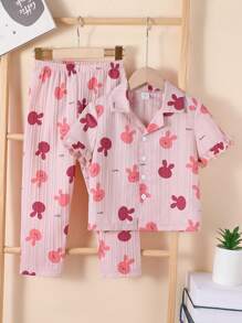 2 件套女孩少女可爱兔子印花短袖上衣和长裤休闲舒适睡衣套装 - 粉色 - 查看 1