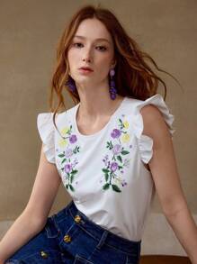 MOTF PREMIUM Camiseta con bordado floral y ribete con volantes - Blanco - Ver 4