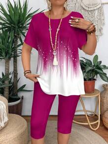 Summer Casual Color Block Short Sleeve T-Shirt And Leggings 2 Pieces Set For Plus Size Women, Slim Fit Summer Women Outfit