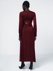 Aveloria Modichic Elegant Deep V-Neck Waist Cinched Waist Ruffle Hem Long Sleeve Dress For Women, Spring Outfit Fall Cloth For Women