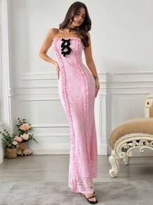 Firerie Robe moulante sirène élégante et raffinée pour femmes, style minimaliste romantique, parfaite pour la Saint-Valentin, les sorties, les fêtes, les mariages. Accentuée de dentelle, de volants et d'un nœud en velours. Couleur rose - Rose bonbon - Voir 1