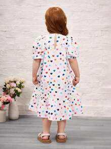 SHEIN 年轻女孩心形图案泡泡袖荷叶边腰休闲迷你连衣裙 - 白色 - 查看 2