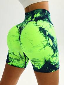 Core Rhythm 扎染宽腰运动短裤女士运动短裤、健身短裤、骑行短裤 - 青檸色 - 查看 2