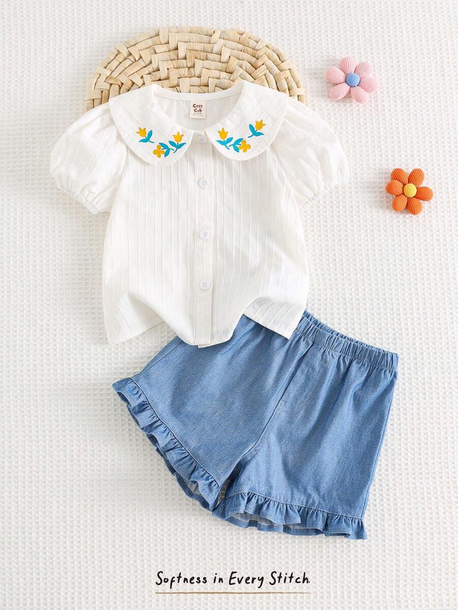 Cozy Pixies Conjunto de 2 piezas para bebé niña: Blusa con cuello Peter Pan, estampado floral y mangas abullonadas + Shorts de cintura elástica - Multicolor - Ver 1