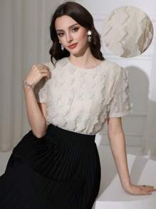 Modelyn Women Applique Decor Round Neck Loose Fit Short Sleeve Blouse - Apricot - View 3