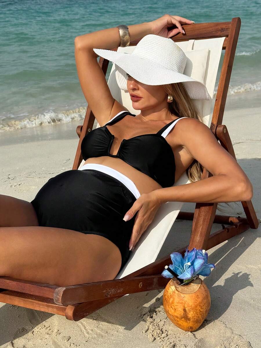 SHEIN Maternity 2pcs Swimwear Set - Spaghetti Strap Swimwear Top And High Waist Bikini Bottoms, Minimalist And Fashion, Suitable For Summer