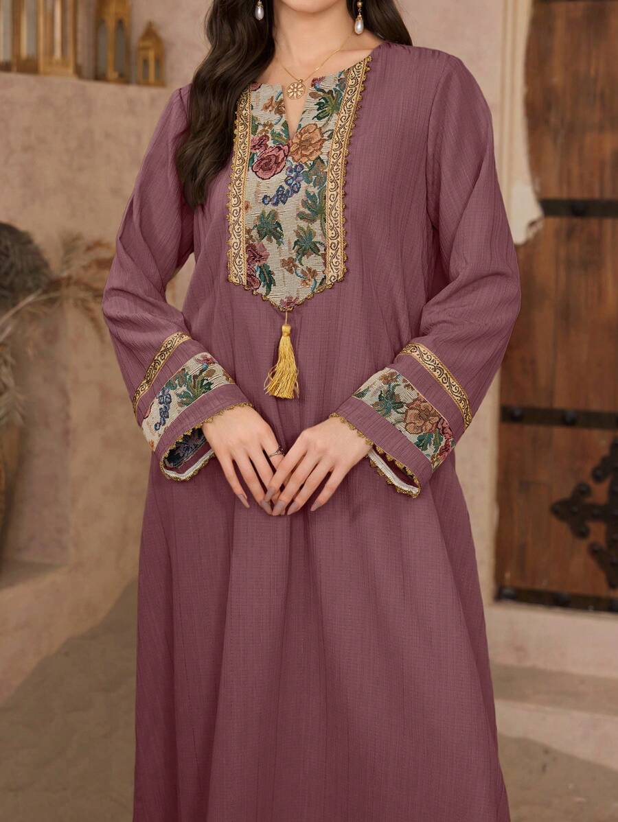 Al Najma Women's Spring/Summer 3D Floral Pattern Tunic Dress & Traditional Long Dress, Modest Kaftan - Red Violet - View 1