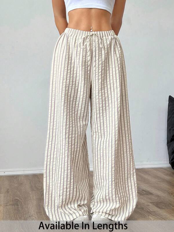 SHEIN PETITE CURVE 大码女式系带条纹宽腿宽松裤