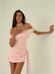 Aloruh Romantic Shallow Pink Strapless Bodycon Mini Dress With Ribbon, Suitable For Dates, Weddings