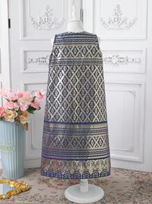 2pcs/Set Young Girl Foil Floral Print Sleeveless Jacket And Dress Set - Royal Blue - View 2