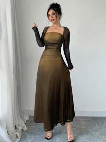 Firerie Sukienka damska z długim rękawem i falbaną w talii, w kolorze czerwonym i czarnym, z kwadratowym dekoltem, odpowiednia na wiosnę, lato, jesień, na co dzień, dojazdy do pracy, wakacje, przyjęcie herbaciane, wesele