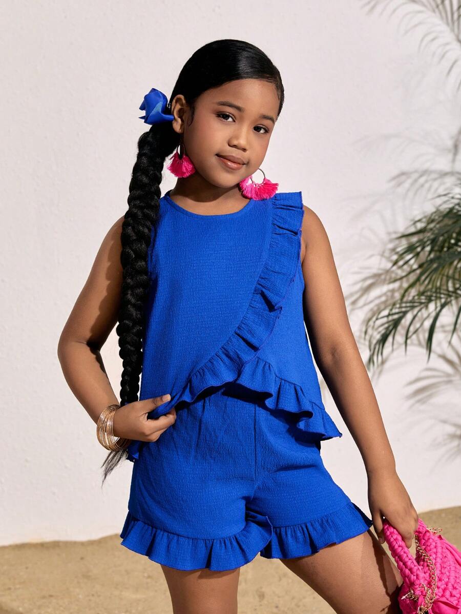 SHEIN 青少年女孩蓝色度假圆领荷叶边下摆上衣和荷叶边下摆短裤两件套