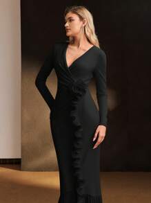 MOTF PREMIUM STEREO FLORAL RUFFLE WRAP DRESS - Black - View 3