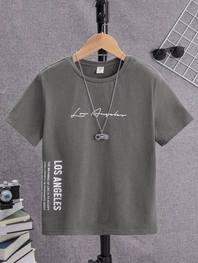 SHEIN 夏季適用青少年男生短袖圓領信封字母印花休閒T恤