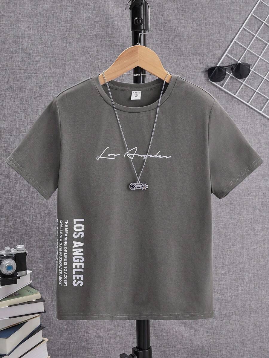 SHEIN 夏季適用青少年男生短袖圓領信封字母印花休閒T恤 - 灰色 - 查看 1