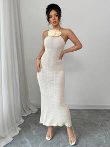 Chiquease 女式钩针夏季连衣裙，简约时尚 - 白色 - 查看 3