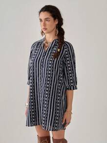 Florisole 休闲优雅宽松 3/4 袖单排扣女式连衣裙 - 彩色 - 查看 3