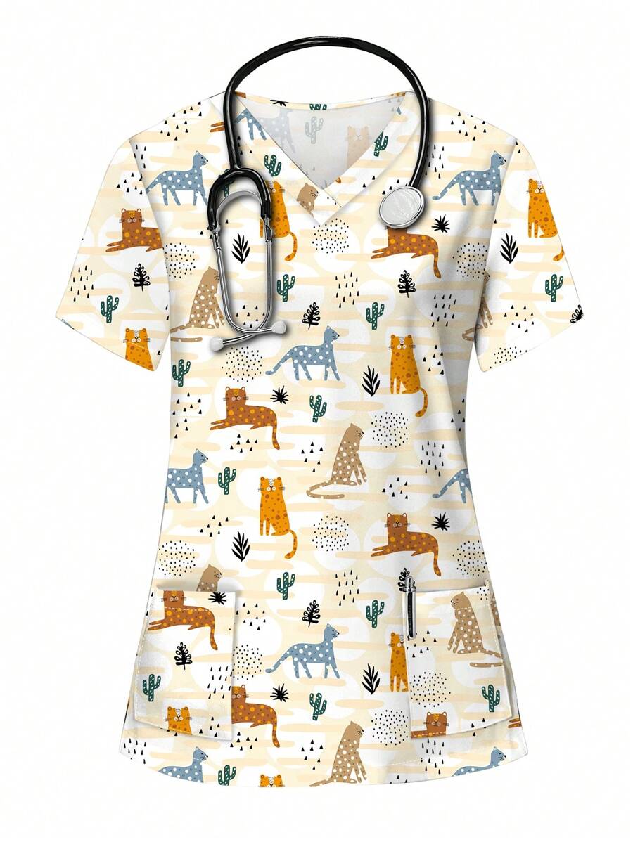 PopScrub 可爱卡通动物吉祥印花 V 领短袖口袋护士手术服上衣，手术服上衣印花 V 领磨砂手术服上衣，休闲短袖工作服，女式甜心 V 领褶皱衬衫，女式短袖 V 领护士手术服衬衫，带 2 个口袋，柔软弹力褶皱图案 T 恤春夏 - 彩色 - 查看 1