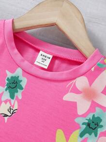SHEIN Genkimix Kids Young Girls' Floral Print Casual T-Shirt And Pants Set,Summer Family Matching Clothing Sets,Short Sleeve Sporty Outfits For Daily Outings And Holiday - Hot Pink - View 7