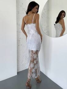 Firerie 女士优雅花卉纹理蕾丝中长连衣裙，修身无袖，适合婚礼嘉宾、派对、日常穿着、节日、春夏 - 白色 - 查看 3