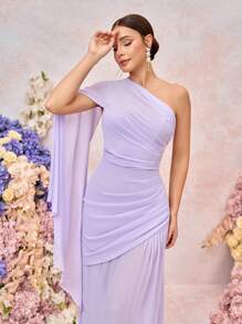 SHEIN Belle 优雅、浪漫、端庄、春夏、紫色、雪纺面料、不对称肩部设计、褶皱、飘逸袖、A字裙摆、半透明、婚礼宾客礼服、度假礼服、伴娘礼服 - 紫色 - 查看 1