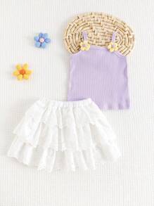 Cozy Pixies 2pcs/Set Baby Girl 3D Flower Knit Soft Camisole Top And Mesh Skirt Set